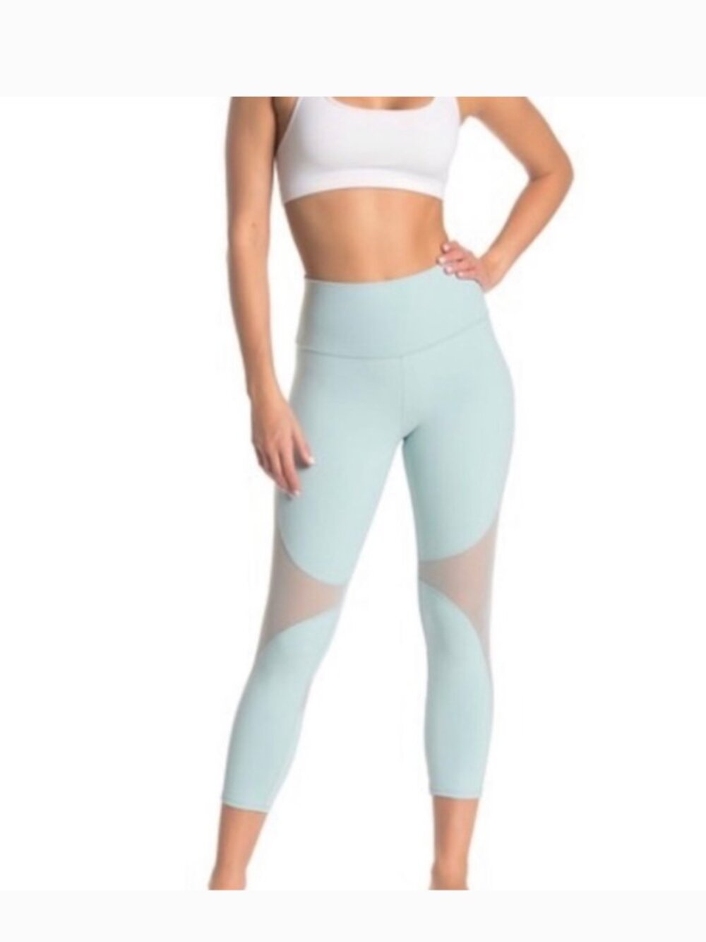Alo Yoga High Waisted Airbrush Leggings Cloud Blue Mesh Trim‎ Capri Small